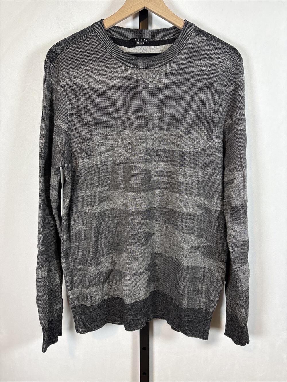Theory Wool Crewneck Sweater Men's Large Gray Camo Pullover Stretch Modern